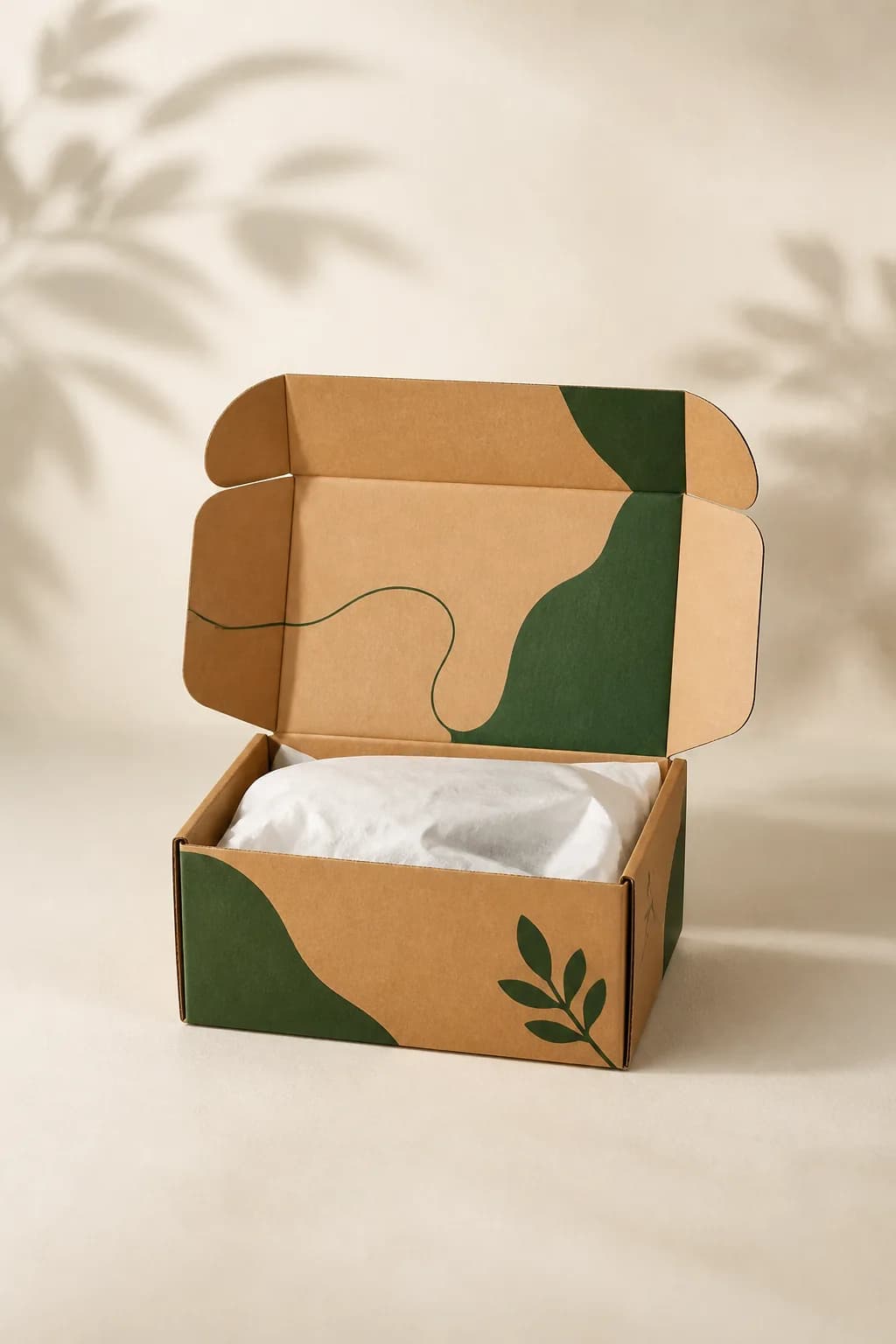 Open kraft mailer with tissue — branded unboxing for custom packaging