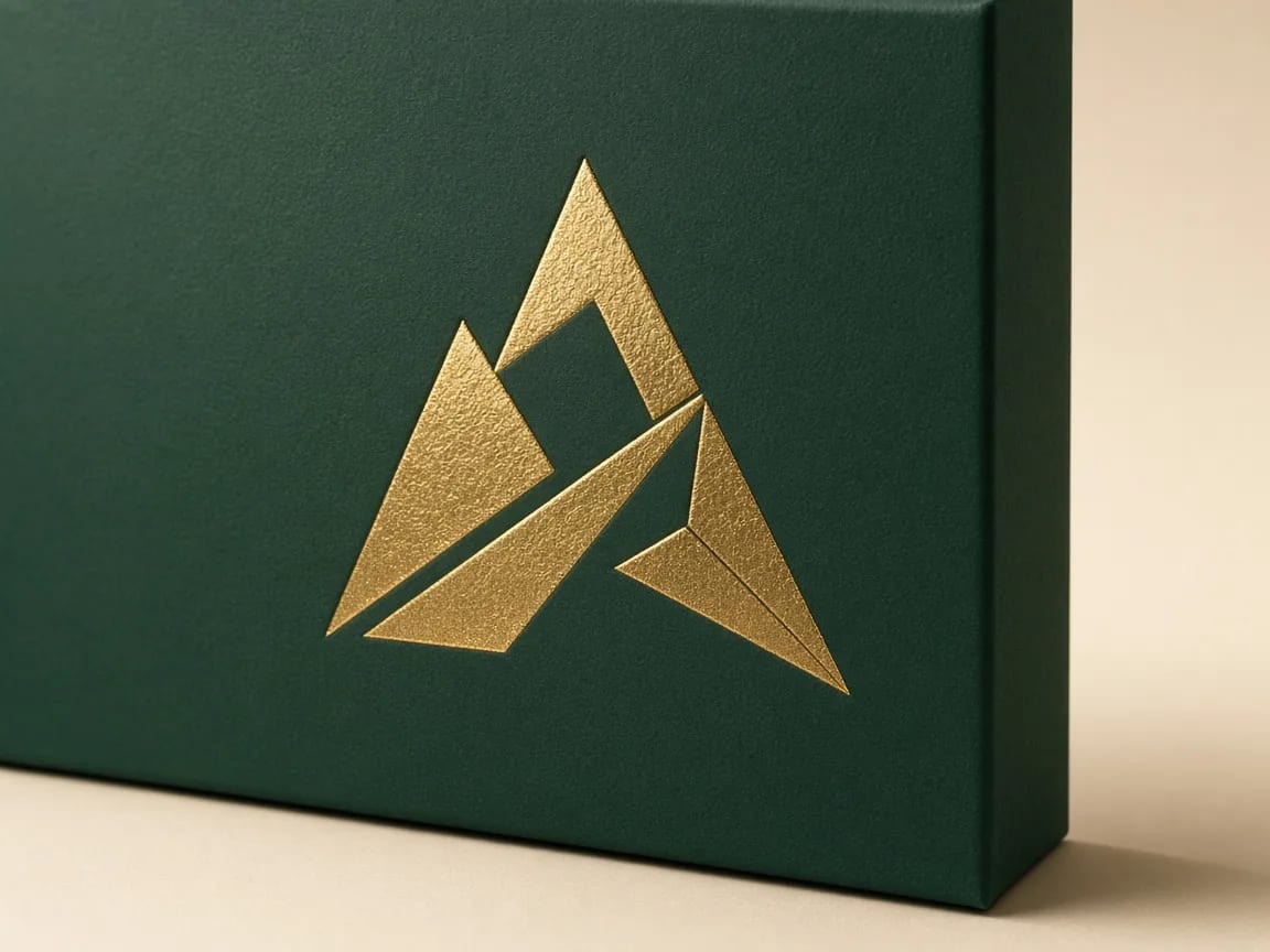 Gold foil stamp accent on a forest green packaging panel