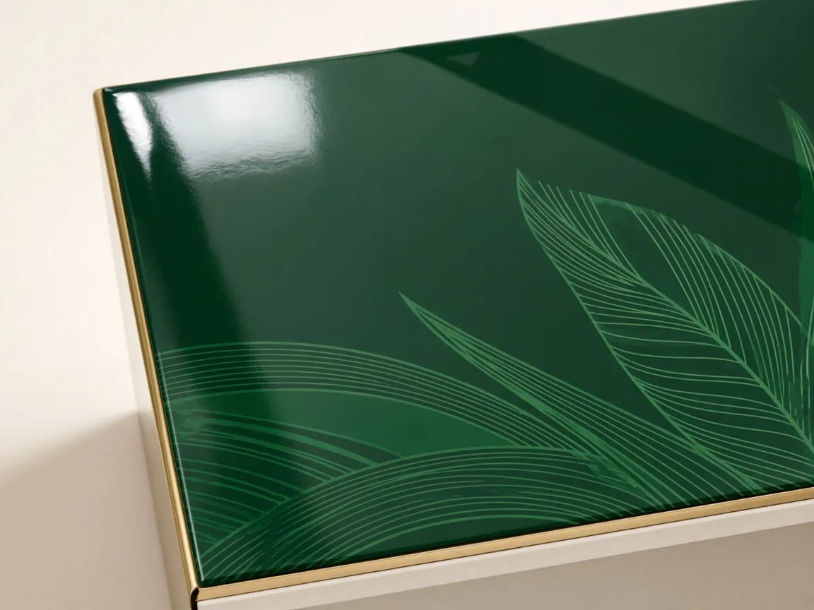 High-gloss laminate finish on a printed packaging panel