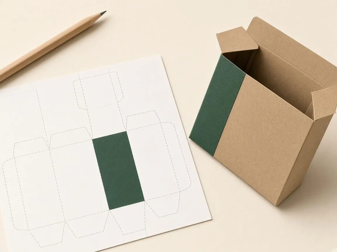 Packaging dieline template beside a custom kraft box